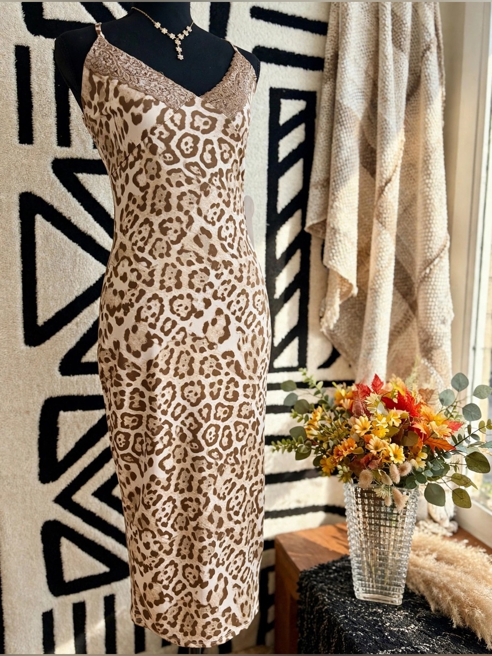 Justify Beige and Brown Leopard-Print Lace-Trim Midi Slip Dress